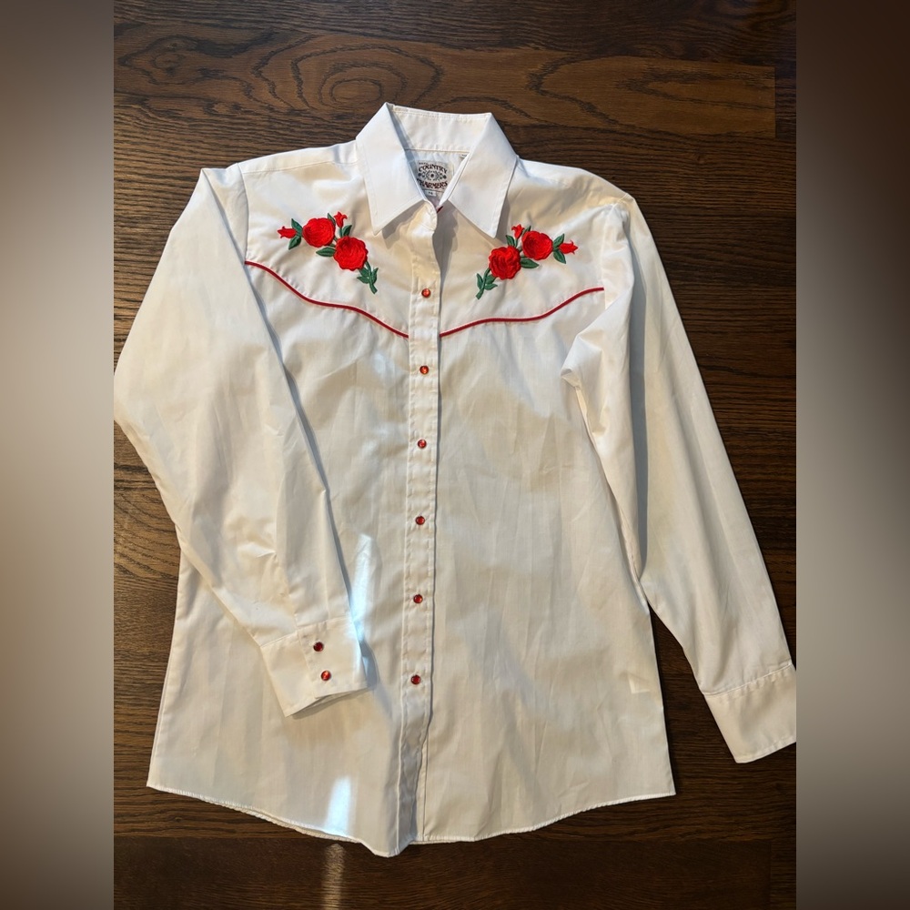 VTG Ely Country Charmers White Red Rose Embroidery Pearl Snap Western Shirt SZ M